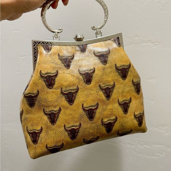 Longhorn Genuine Embossed Leather Vintage Style Top Handle Bag With Long Chain - Picture 6 of 16